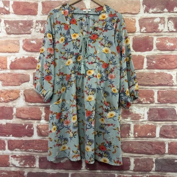 Jodifl Dress Women's Large Blue Multicolor Floral Boho Peasant Floral Popover - Picture 1 of 9